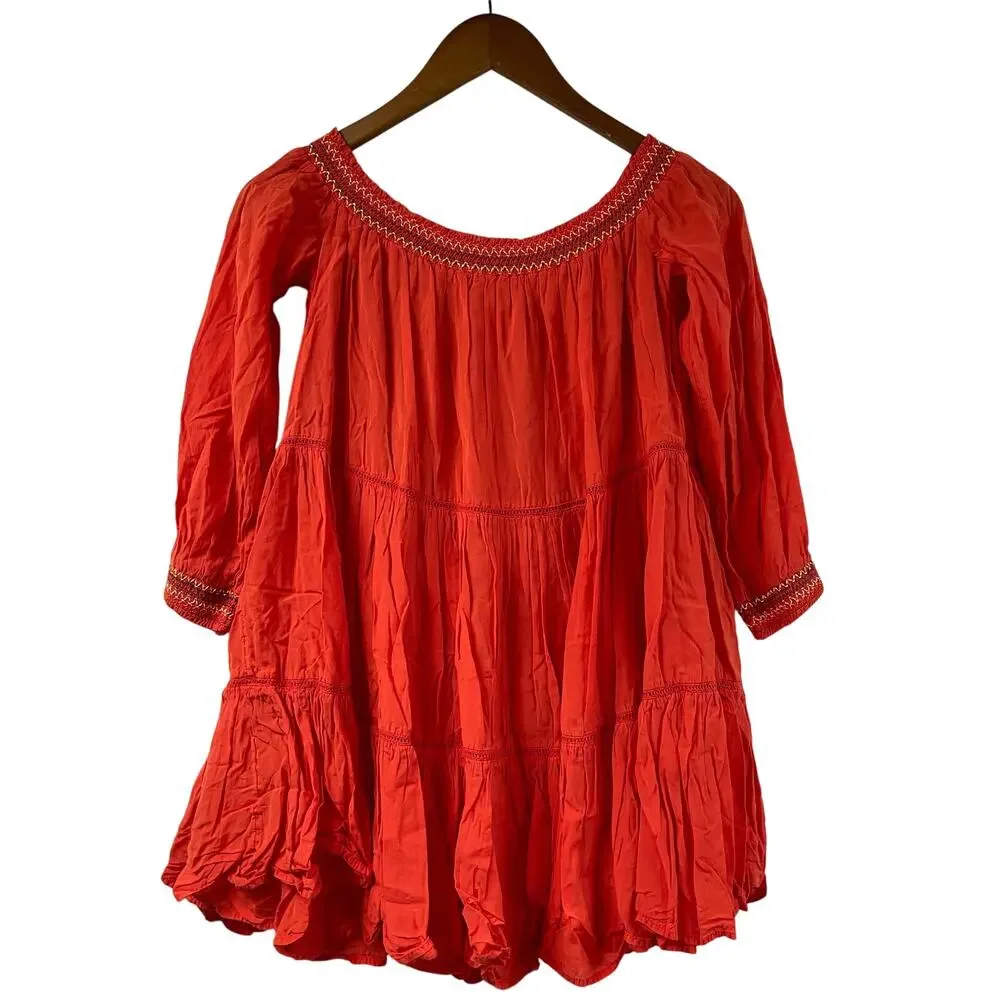 Free People Sunbeams Mini Dress S Embroidered Floral Peasant Red Bohemian